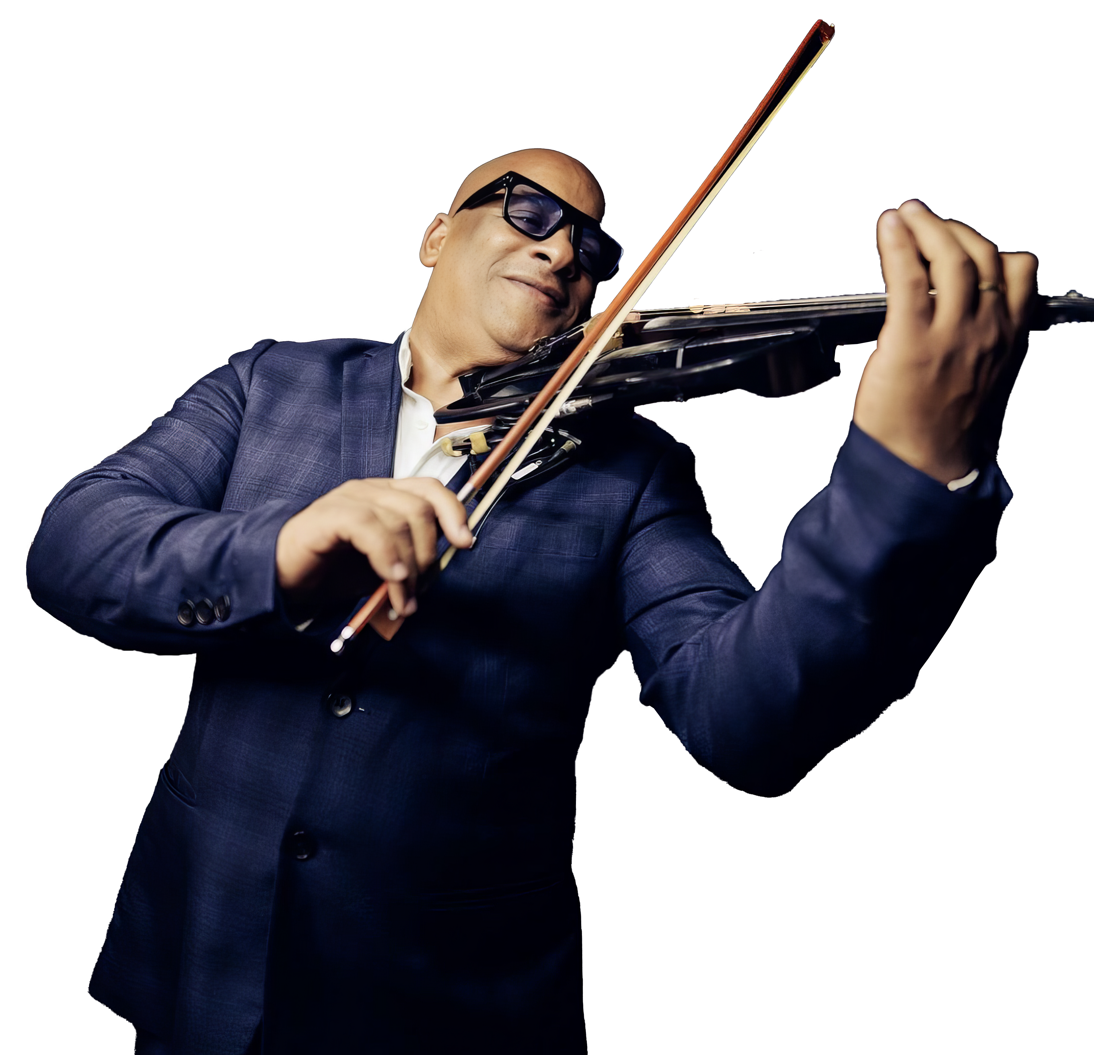 Julio Cuba performing electric violin in blue suit