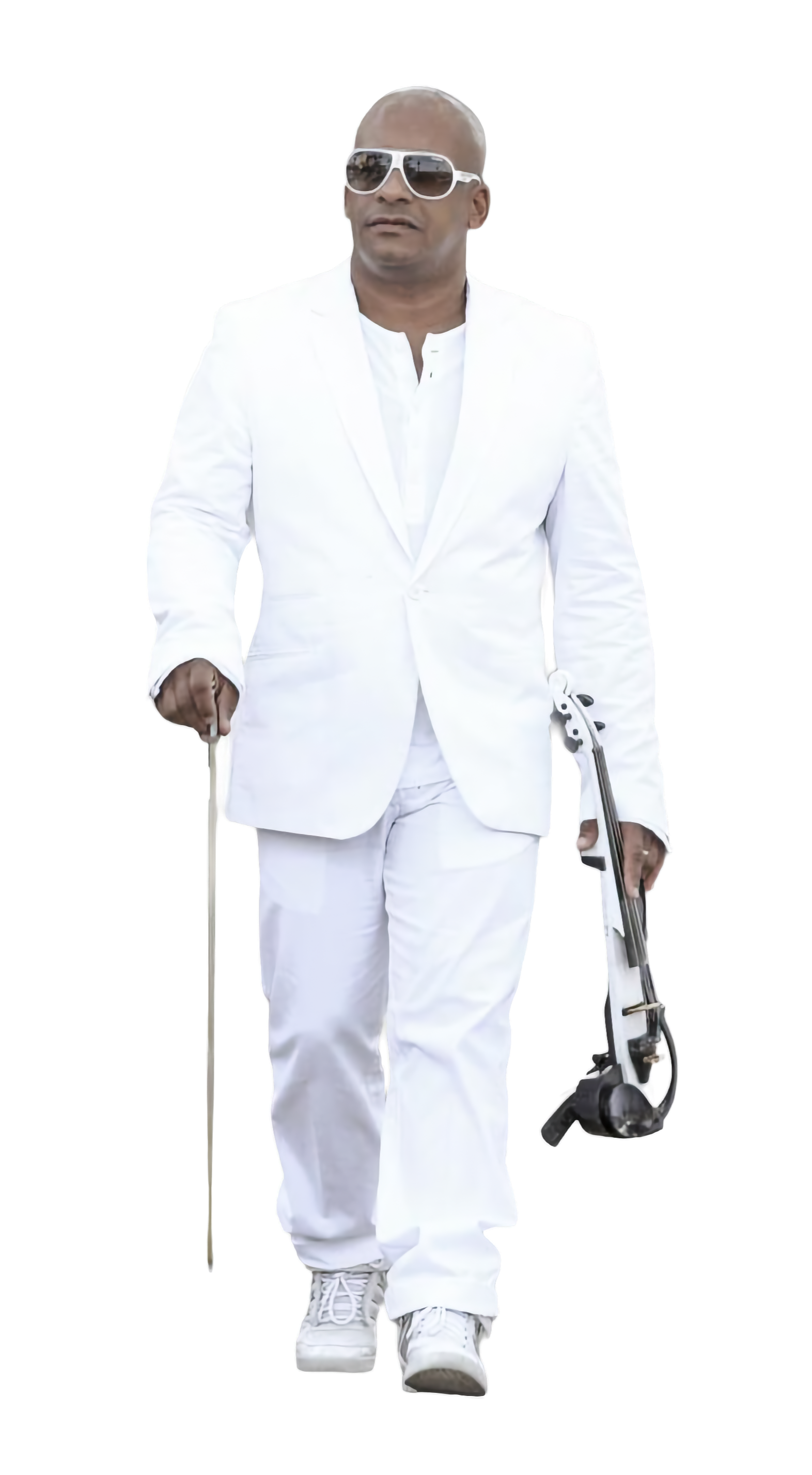 Julio Cuba in white suit holding electric violin and bow